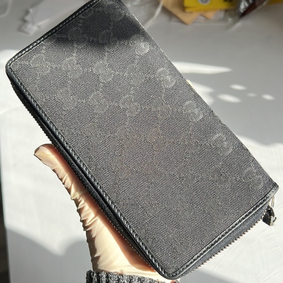 GUCCI GG Logo Canvas & Leather Zip Around Long Wallet Black Silver-tone Auth. - Picture 4 of 17